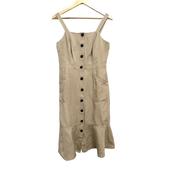 Banana Republic Dress Womens 8 Beige Linen Blend Button Front Pockets Flare Midi - Picture 1 of 14